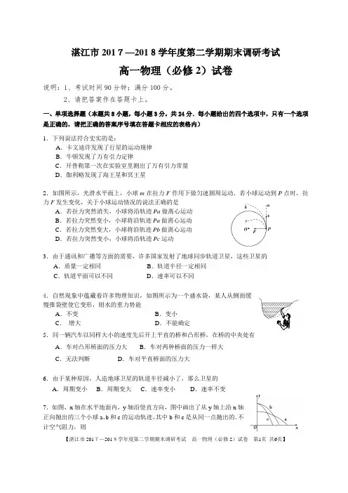 (物理试题+答案)湛江市2017-2018学年度第二学期期末调研考试