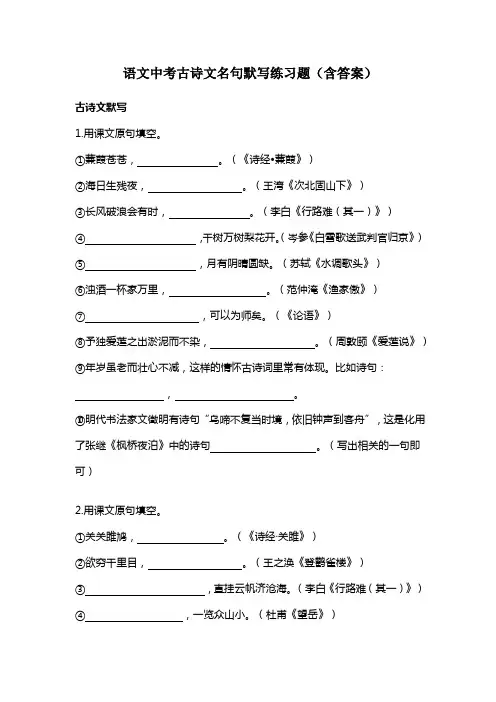 语文中考古诗文名句默写练习题(含答案)