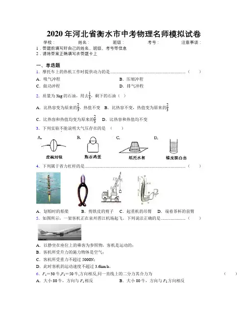2020年河北省衡水市中考物理名师模拟试卷附解析