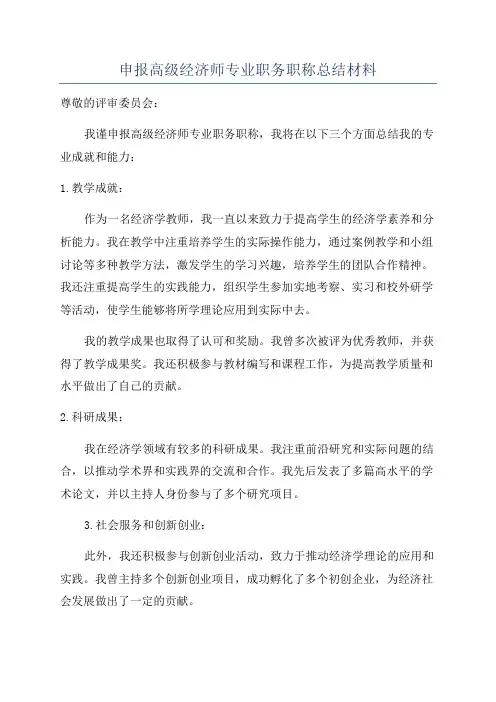 申报高级经济师专业职务职称总结材料