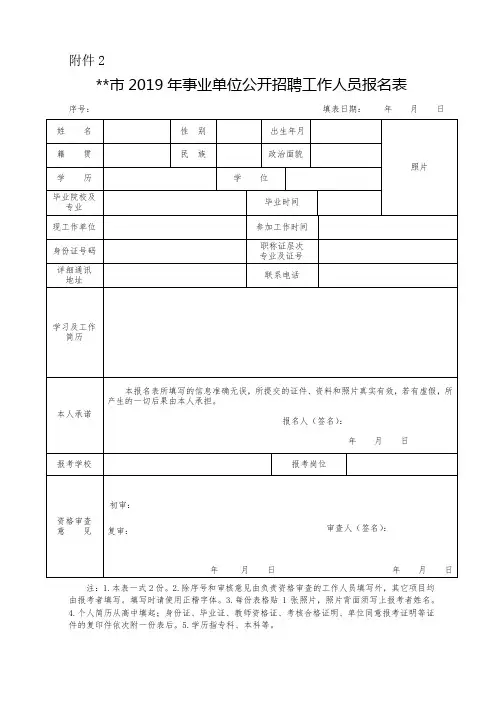 XX市2019年事业单位公开招聘工作人员报名表【模板】