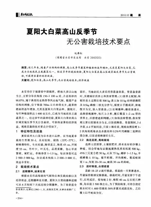 夏阳大白菜高山反季节无公害栽培技术要点