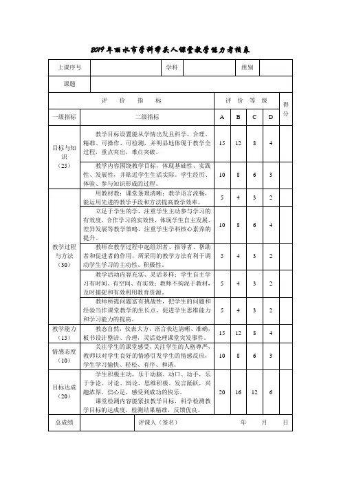 2019年丽水市学科带头人课堂教学能力考核表