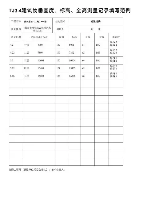TJ3.4建筑物垂直度、标高、全高测量记录填写范例