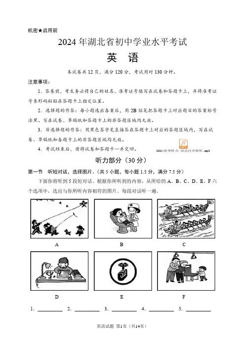 2024年湖北省中考英语试题(含听力音频和答案)