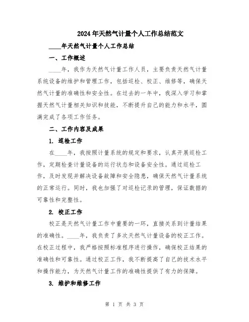 2024年天然气计量个人工作总结范文