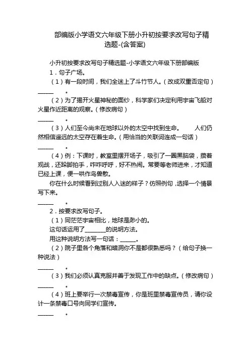 部编版小学语文六年级下册小升初按要求改写句子精选题-(含答案)