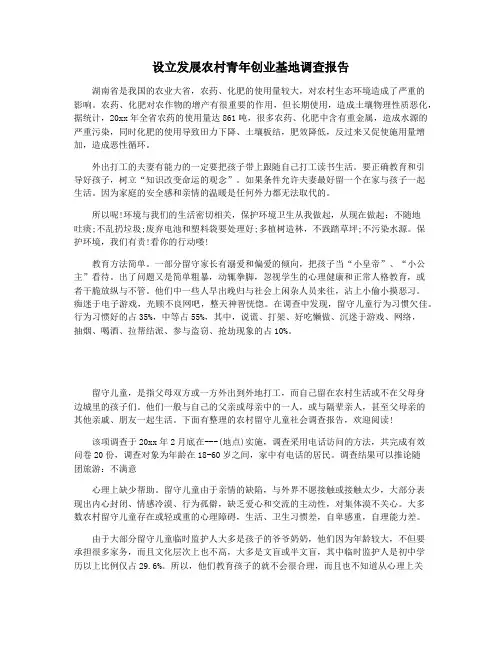 设立发展农村青年创业基地调查报告