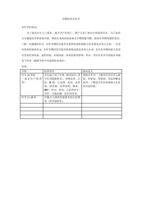 孕期检查告知书