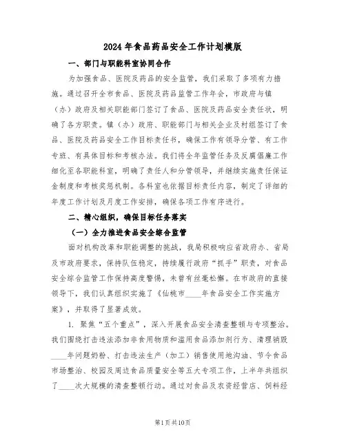 2024年食品药品安全工作计划模版（五篇）