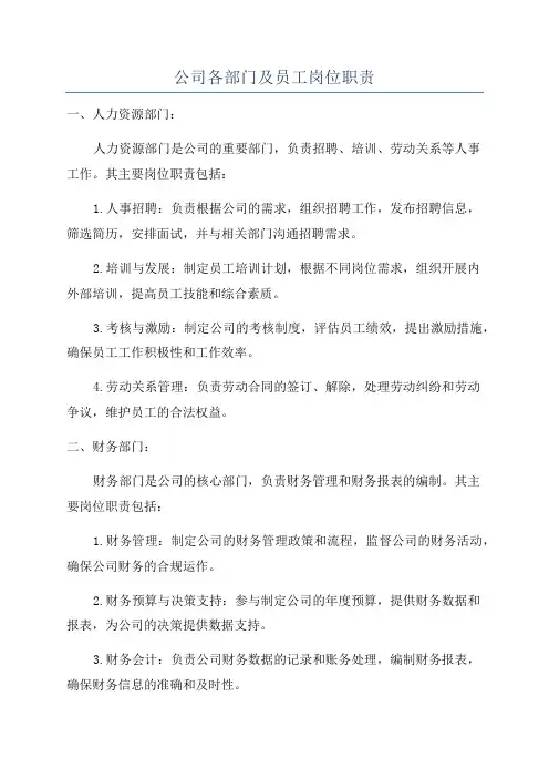 公司各部门及员工岗位职责