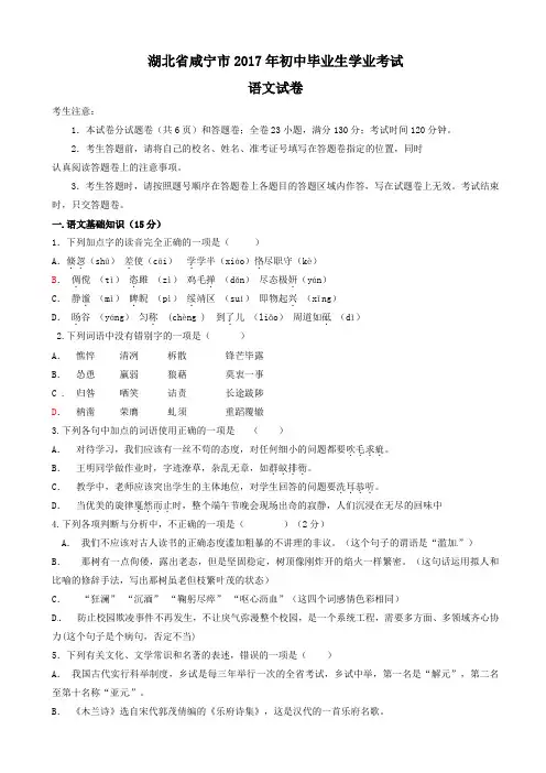 湖北省咸宁市2017年中考语文试题(有答案)