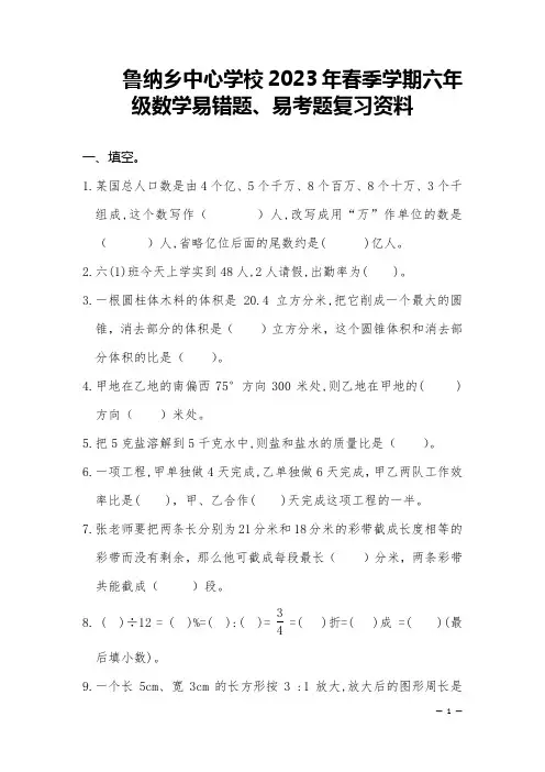 2023年春季学期六年级数学易错题、易考题复习资料