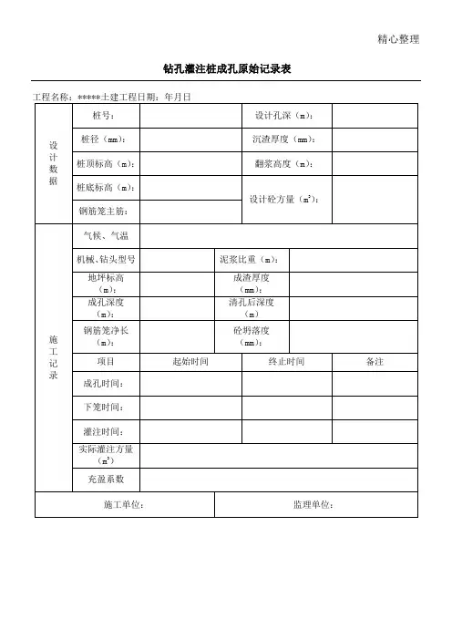 钻孔灌注桩成孔原始记录表格模板