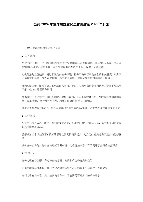 公司2024年宣传思想文化工作总结及2025年计划