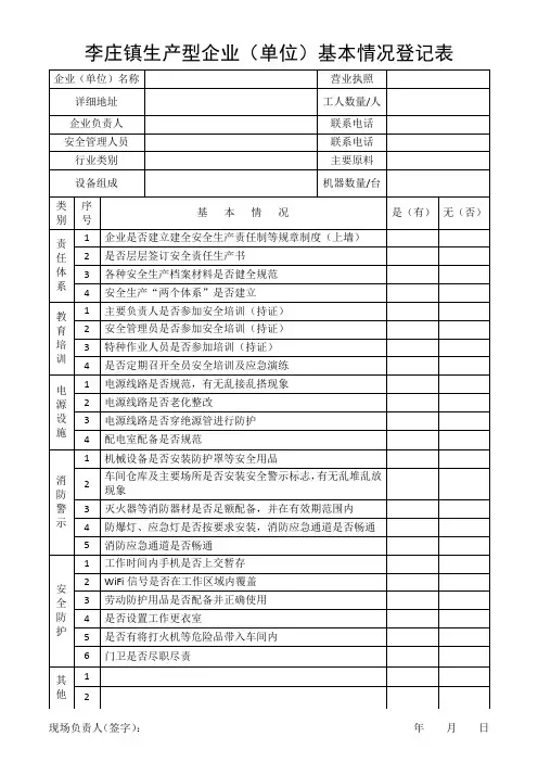 李庄镇生产型企业(单位)基本情况登记表