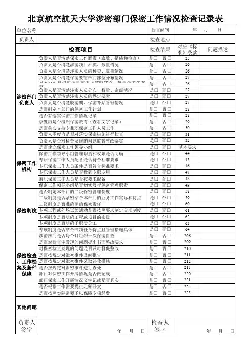 季度自查保密检查工作情况检查记录表