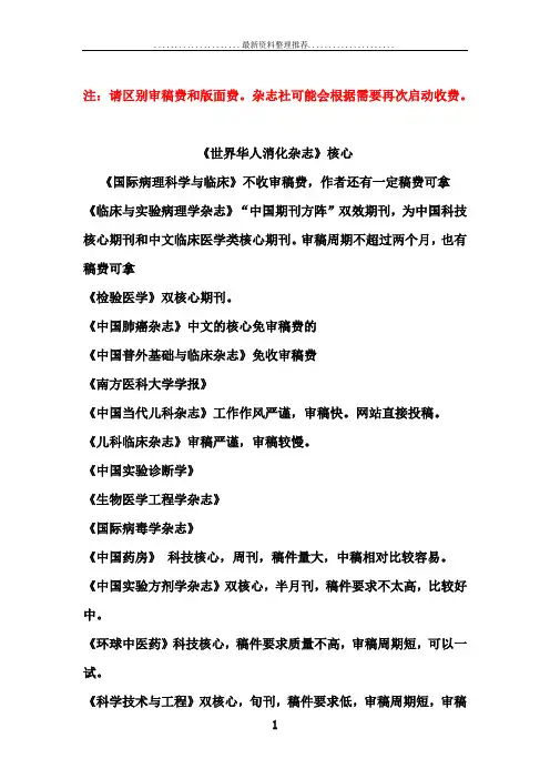免收审稿费的国内医药学期刊