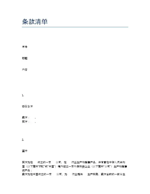 投资条款清单(资产收购交易)