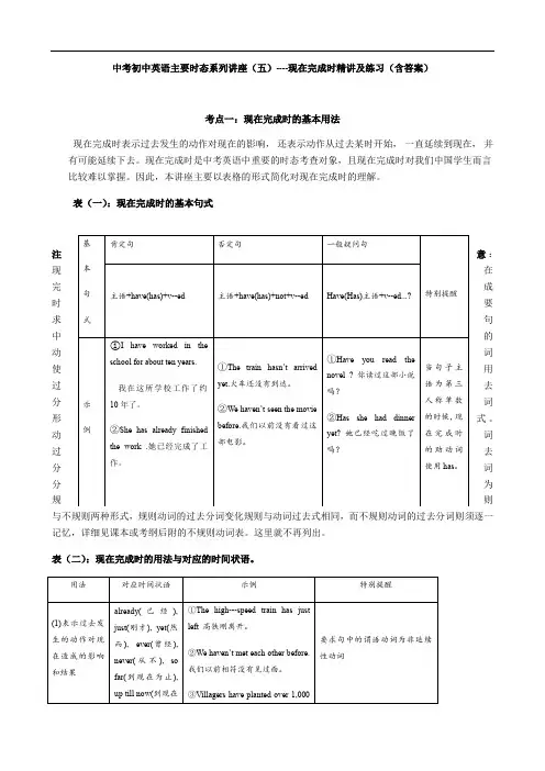 2020中考初中英语主要时态系列讲座(五)----现在完成时精讲及练习(含答案)