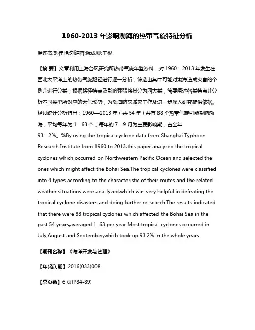 1960-2013年影响渤海的热带气旋特征分析
