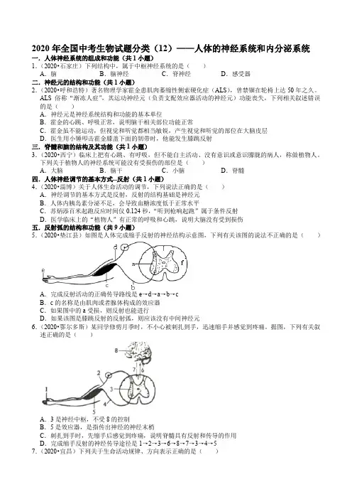 2020年全国中考生物试题分类(12)——人体的神经系统和内分泌系统--解析版