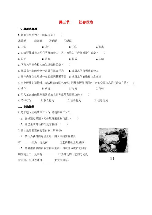 福建省漳州市2016-2017学年八年级生物上册 5.2.3 社会行为校本作业 (新版)新人教版