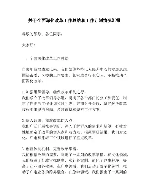 关于全面深化改革工作总结和工作计划情况汇报