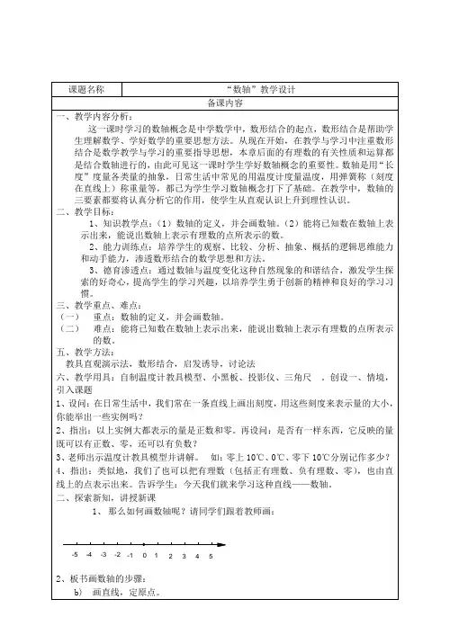 人教版七年级数学上册：1.2.2 数轴  教学设计