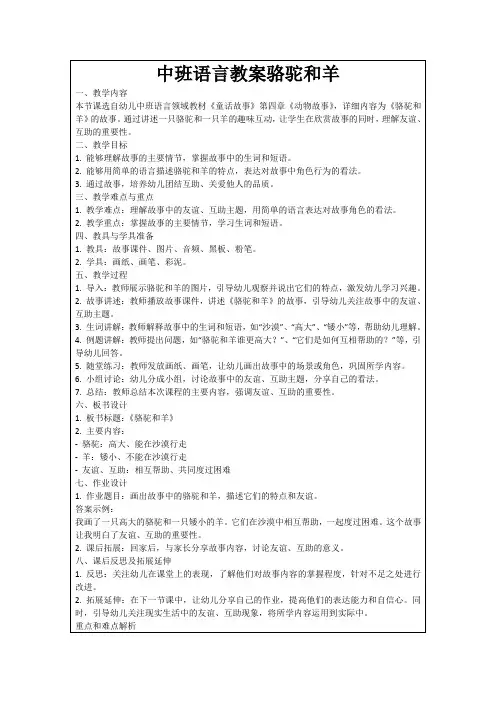 中班语言教案骆驼和羊范例
