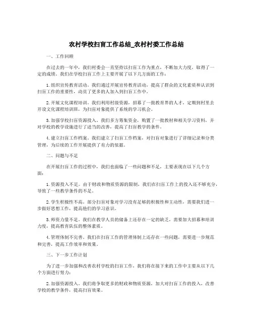 农村学校扫盲工作总结_农村村委工作总结