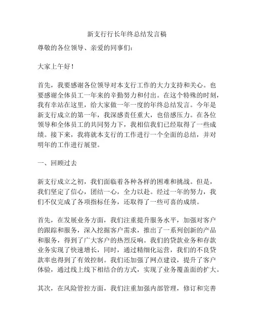 新支行行长年终总结发言稿