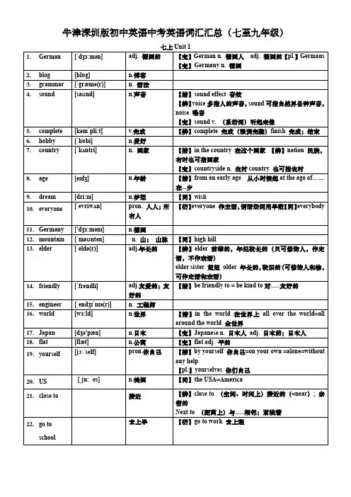 牛津深圳版初中英语中考英语词汇汇总(七至九年级)
