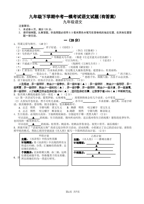 九年级下学期中考一模考试语文试题(有答案)