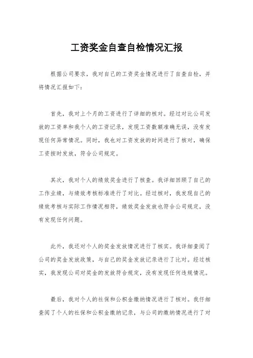 工资奖金自查自检情况汇报