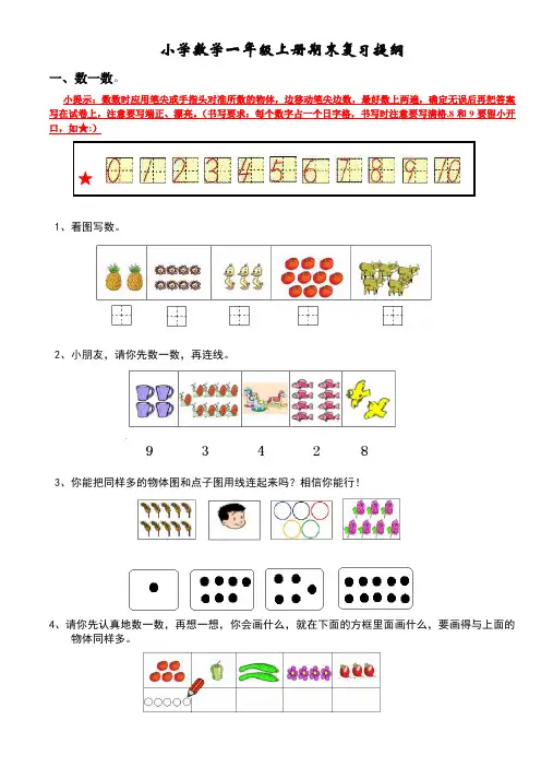 新人教版小学数学一年级上册期末复习提纲