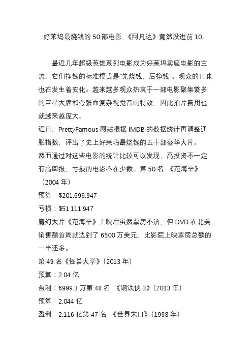 好莱坞最烧钱的50部电影,《阿凡达》竟然没进前10