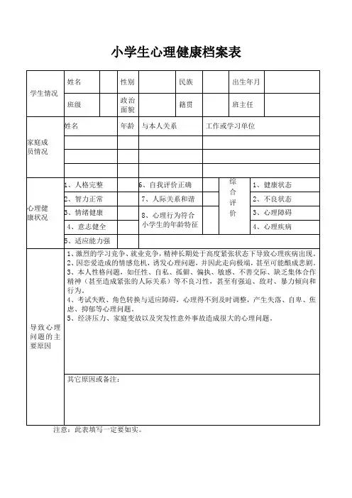小学生心理健康档案表格