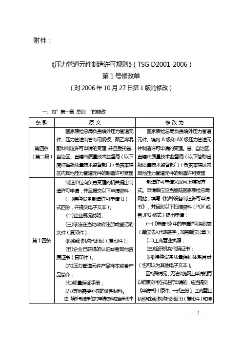 TSG D2001-2006压力管道元件制造许可规则修改