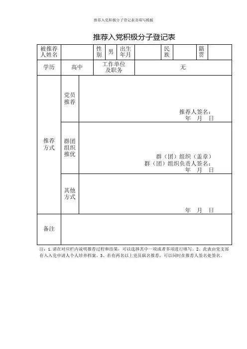 推荐入党积极分子登记表及填写模板