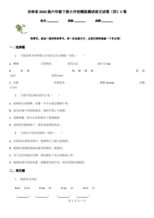 吉林省2020版六年级下册小升初模拟测试语文试卷(四)C卷