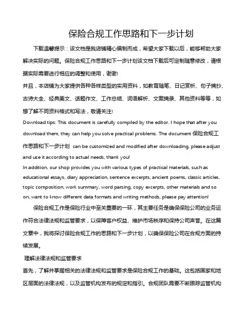 保险合规工作思路和下一步计划