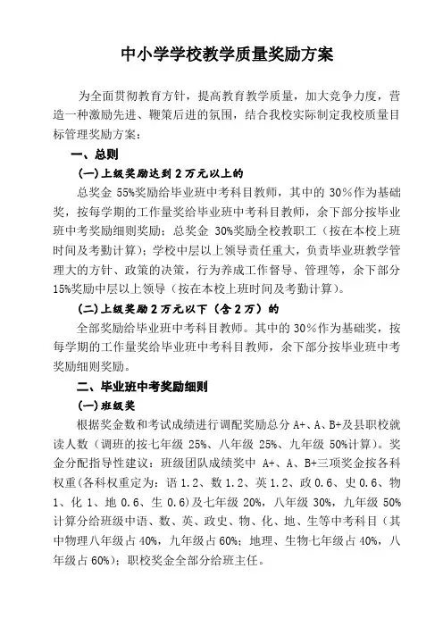 中小学学校教学质量奖励方案
