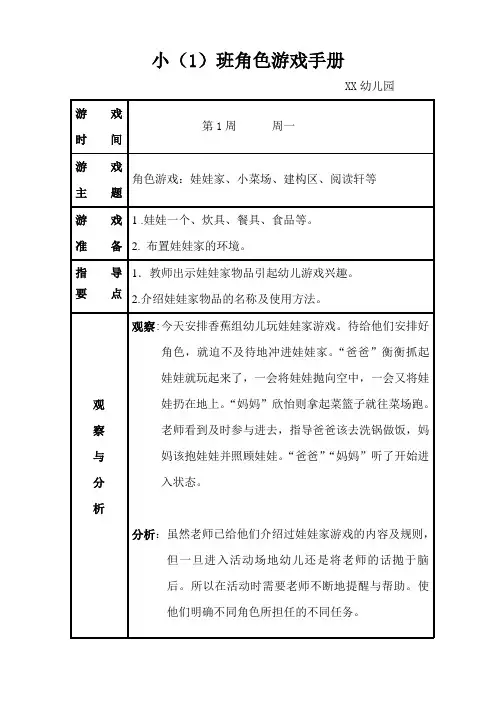 小班角色游戏观察记录表1