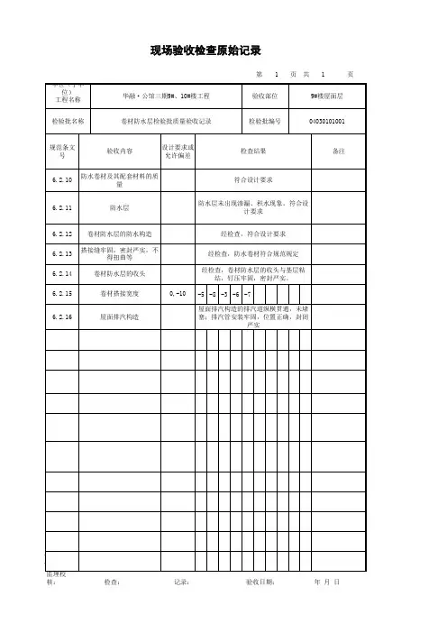 屋面现场验收检查原始记录