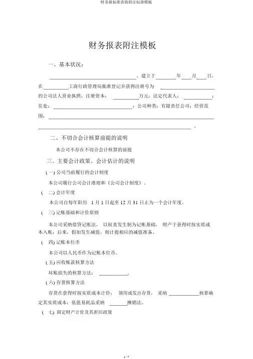 财务报标准表格附注标准模板