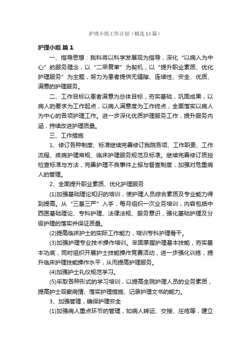 护理小组工作计划（精选14篇）