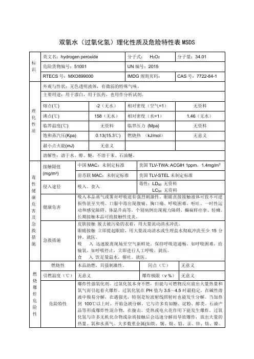 双氧水(过氧化氢)理化性质及危险特性表MSDS