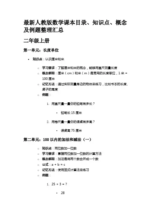 二年级 人教版数学目录、知识点概念及例题整理