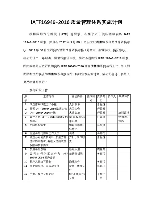 IATF16949-2016质量管理体系实施计划